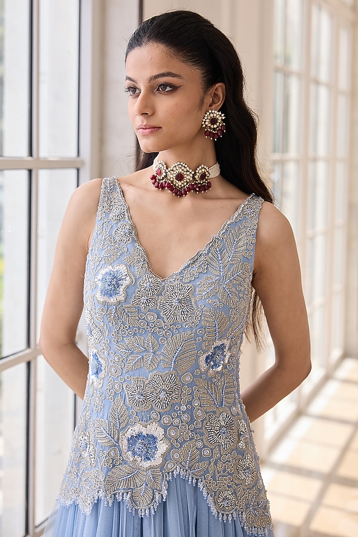 Lavender Blue Organza & Soft Net Hand Embroidered Wedding Anarkali by RINESSA at Pernia's Pop Up Shop