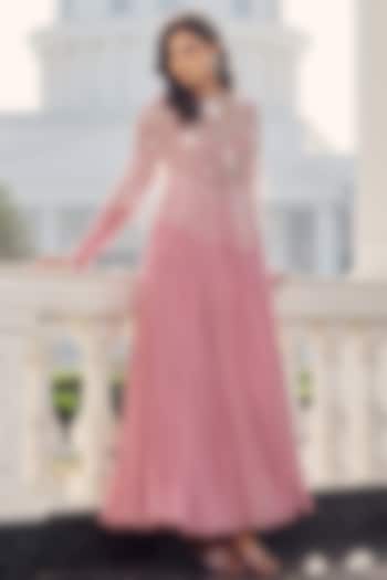 Misty Pink Georgette & Net Hand Embroidered Jacket Wedding Anarkali by RINESSA at Pernia's Pop Up Shop