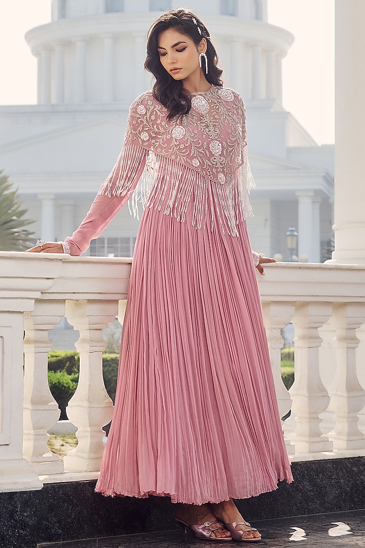 Misty Pink Georgette & Net Hand Embroidered Jacket Wedding Anarkali by RINESSA at Pernia's Pop Up Shop
