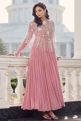 Misty Pink Georgette & Net Hand Embroidered Jacket Anarkali by RINESSA