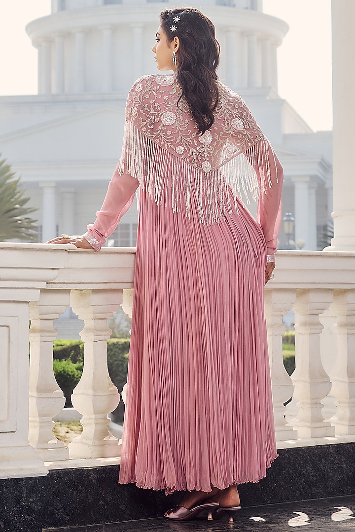 Misty Pink Georgette & Net Hand Embroidered Jacket Wedding Anarkali by RINESSA at Pernia's Pop Up Shop
