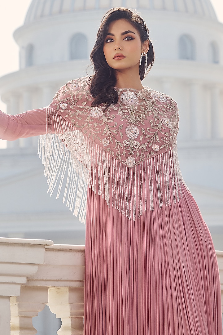 Misty Pink Georgette & Net Hand Embroidered Jacket Wedding Anarkali by RINESSA at Pernia's Pop Up Shop