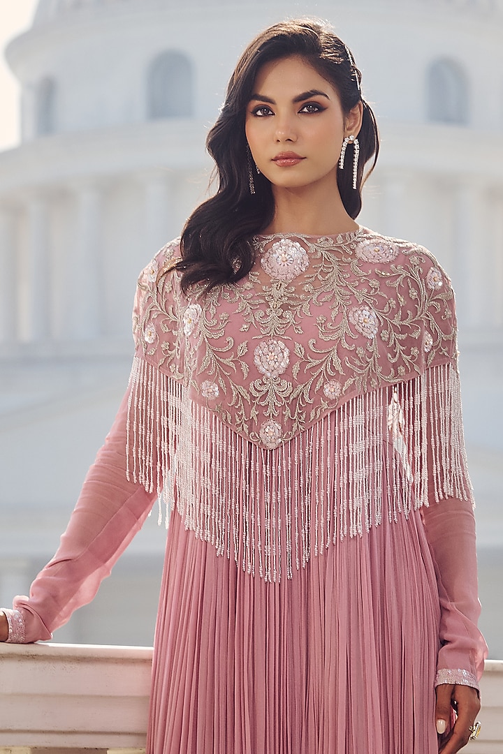 Misty Pink Georgette & Net Hand Embroidered Jacket Wedding Anarkali by RINESSA at Pernia's Pop Up Shop