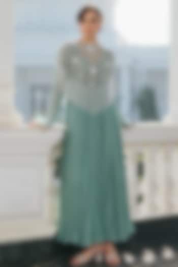 Aqua Blue Georgette & Net Hand Embroidered Jacket Wedding Anarkali by RINESSA at Pernia's Pop Up Shop