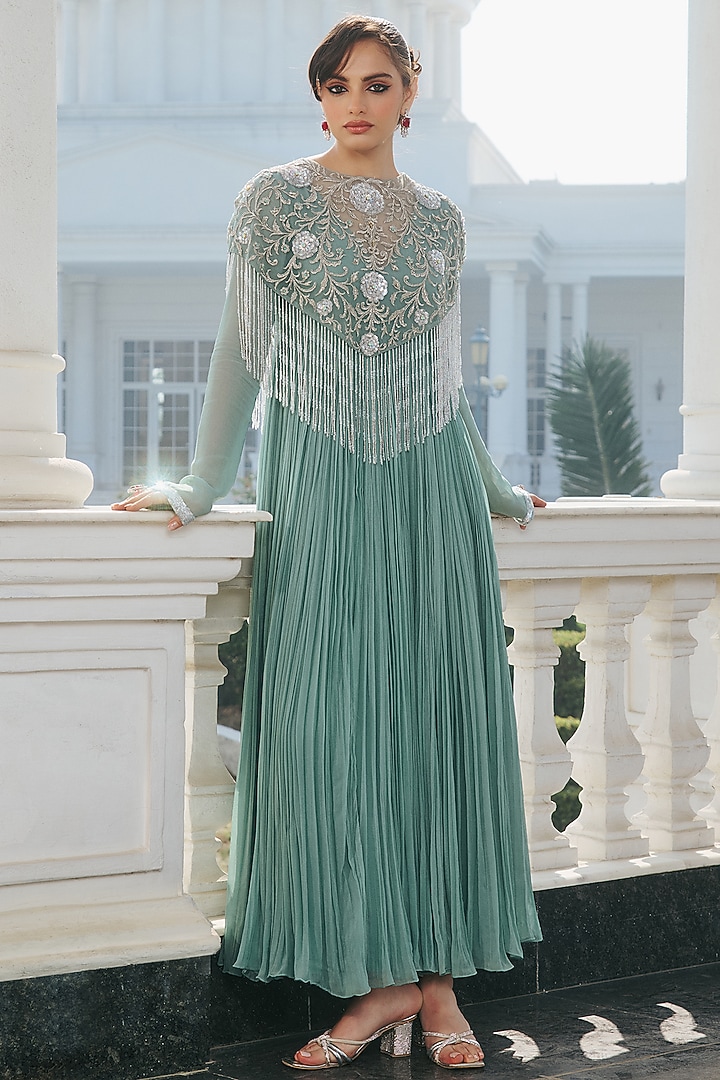 Aqua Blue Georgette & Net Hand Embroidered Jacket Wedding Anarkali by RINESSA at Pernia's Pop Up Shop