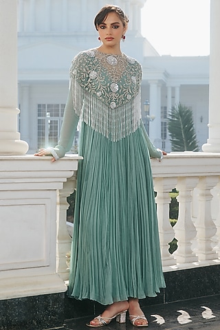 Aqua Blue Georgette & Net Hand Embroidered Jacket Anarkali by RINESSA