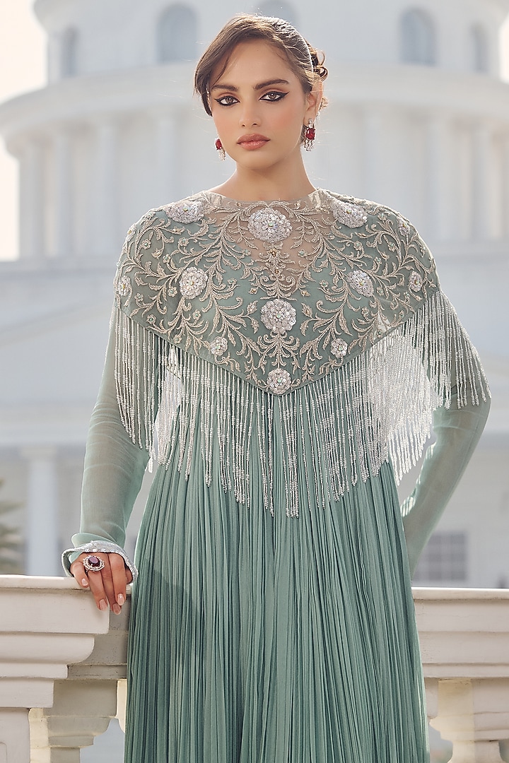 Aqua Blue Georgette & Net Hand Embroidered Jacket Wedding Anarkali by RINESSA at Pernia's Pop Up Shop