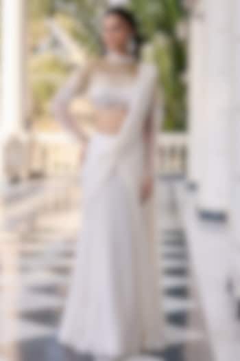 Ivory Chinnon Chiffon & Net Draped Party Wear Saree Set by RINESSA at Pernia's Pop Up Shop