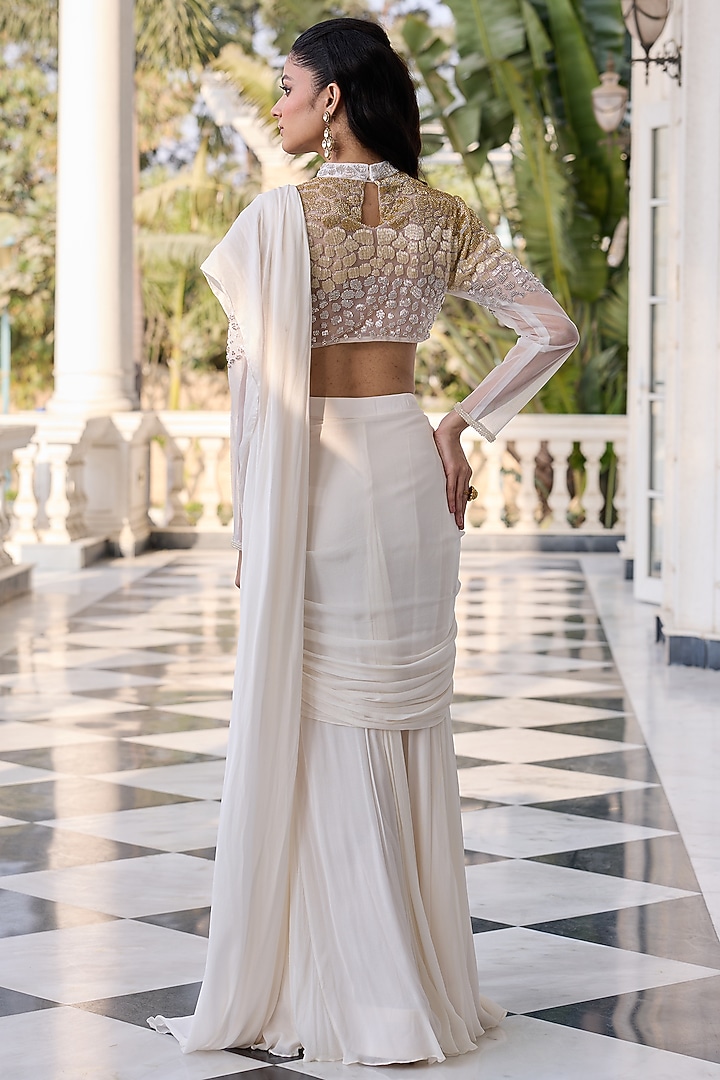 Ivory Chinnon Chiffon & Net Draped Wedding Saree Set by RINESSA at Pernia's Pop Up Shop