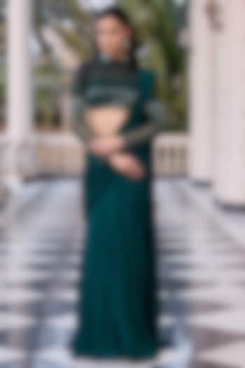 Emerald Green Chinnon Chiffon & Net Draped Party Wear Saree Set by RINESSA at Pernia's Pop Up Shop
