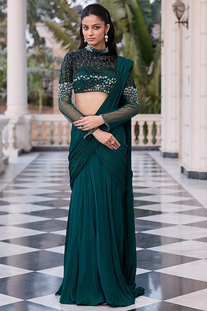 Emerald Green Chinnon Chiffon & Net Draped Party Wear Saree Set by RINESSA at Pernia's Pop Up Shop