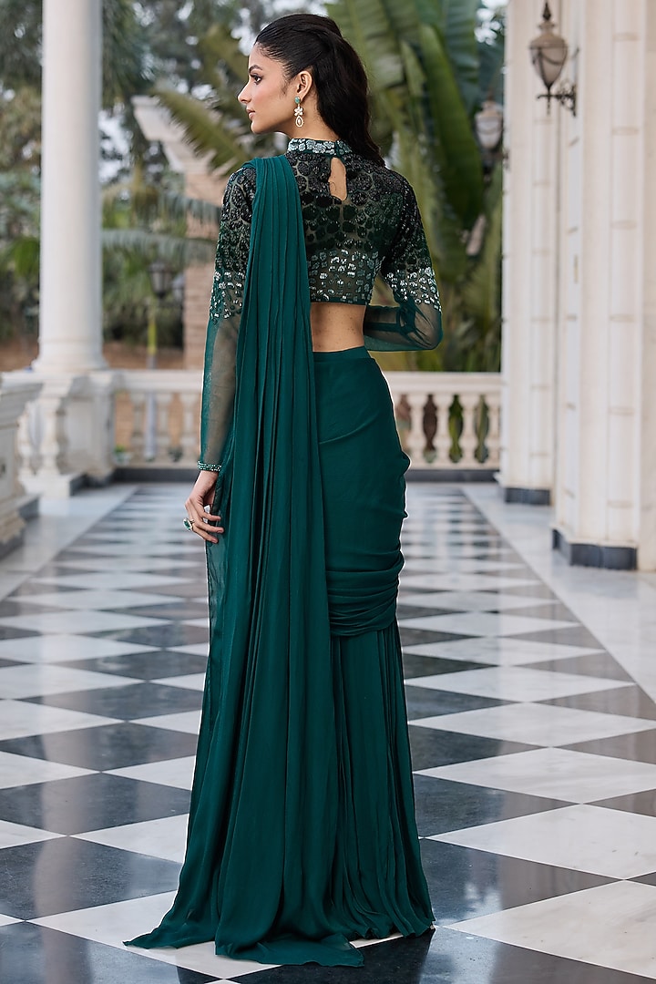 Emerald Green Chinnon Chiffon & Net Draped Wedding Saree Set by RINESSA at Pernia's Pop Up Shop