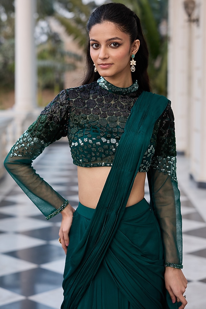 Emerald Green Chinnon Chiffon & Net Draped Wedding Saree Set by RINESSA at Pernia's Pop Up Shop