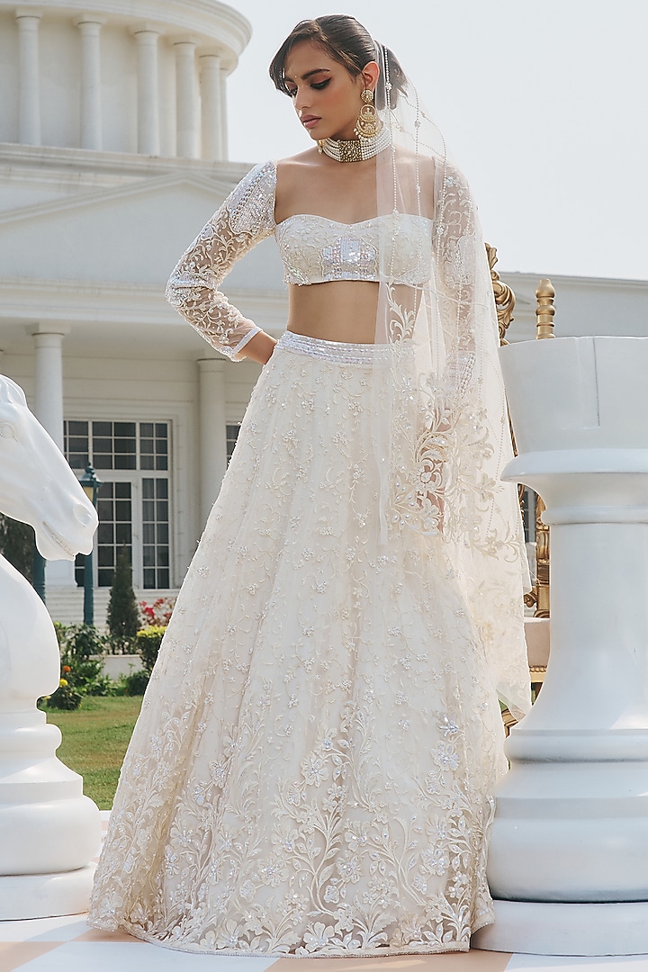 Ivory Net & Shantoon Hand Embroidered Wedding Lehenga Set by RINESSA at Pernia's Pop Up Shop