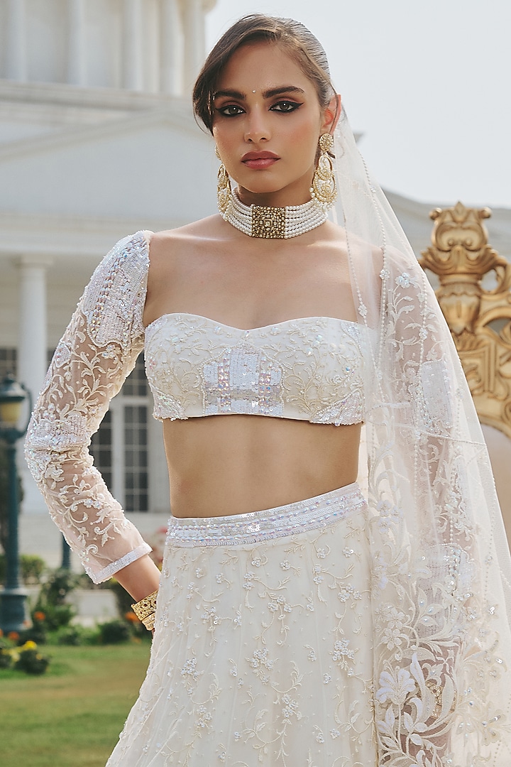 Ivory Net & Shantoon Hand Embroidered Wedding Lehenga Set by RINESSA at Pernia's Pop Up Shop