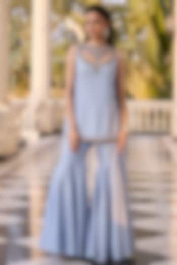 Lavender Blue Dupion Silk & Shantoon Wedding Sharara Set by RINESSA at Pernia's Pop Up Shop