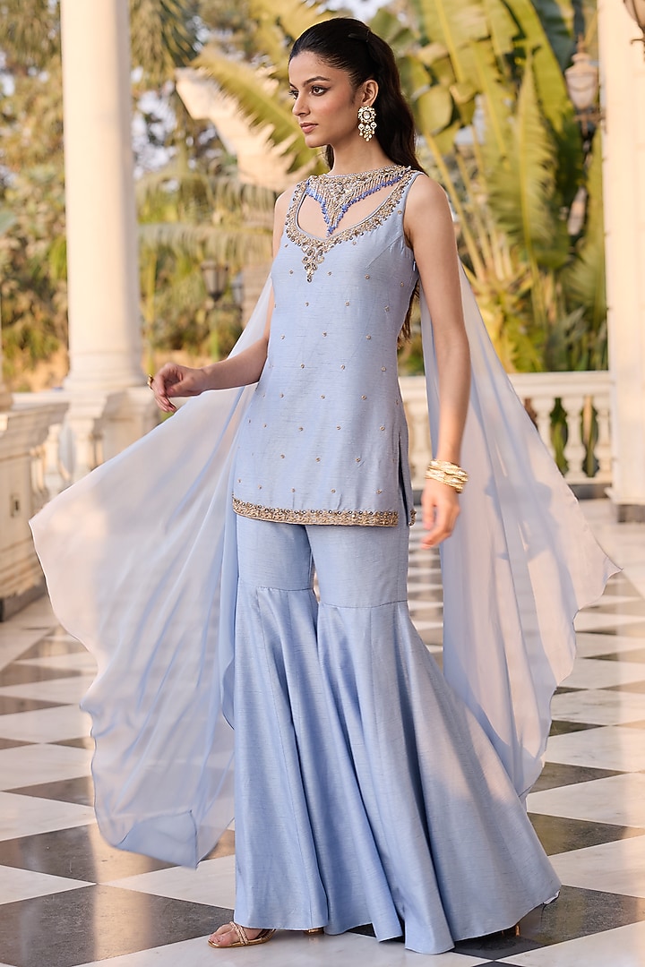 Lavender Blue Dupion Silk & Shantoon Wedding Sharara Set by RINESSA at Pernia's Pop Up Shop