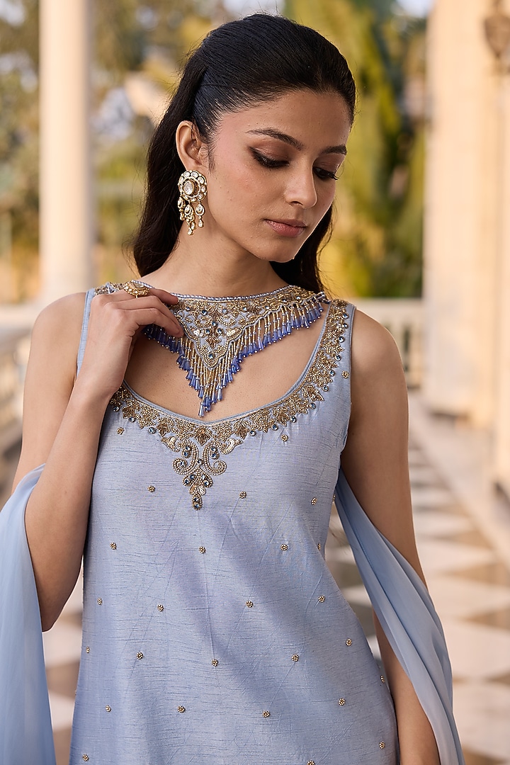 Lavender Blue Dupion Silk & Shantoon Wedding Sharara Set by RINESSA at Pernia's Pop Up Shop