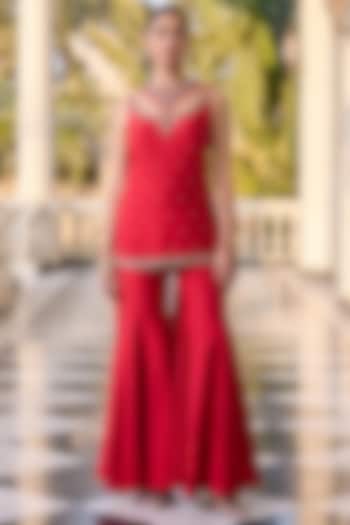 Royal Red Dupion Silk & Shantoon Wedding Sharara Set by RINESSA at Pernia's Pop Up Shop