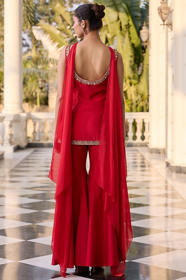 Royal Red Dupion Silk & Shantoon Wedding Sharara Set by RINESSA at Pernia's Pop Up Shop