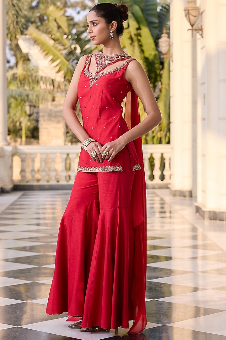 Royal Red Dupion Silk & Shantoon Wedding Sharara Set by RINESSA at Pernia's Pop Up Shop