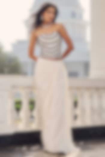 Ivory Dupion Silk & Crepe Draped Skirt Set by RINESSA at Pernia's Pop Up Shop