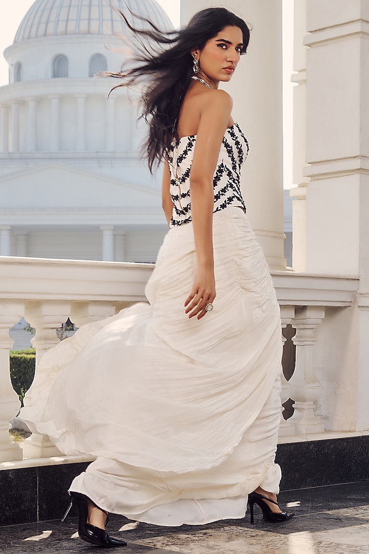 Ivory Dupion Silk & Crepe Draped Skirt Set by RINESSA at Pernia's Pop Up Shop