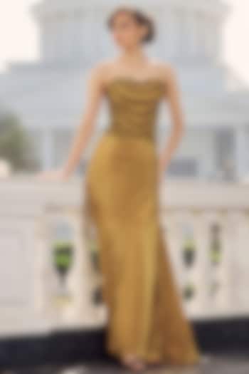 Olive Dupion Silk & Crepe Draped Skirt Set by RINESSA at Pernia's Pop Up Shop