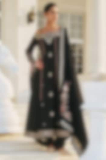 Black Dupion Silk & Cotton Hand Embroidered Wedding Anarkali Set by RINESSA at Pernia's Pop Up Shop