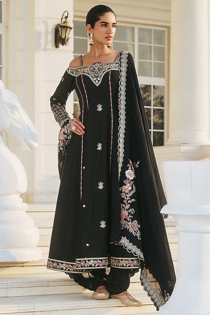 Black Dupion Silk & Cotton Hand Embroidered Wedding Anarkali Set by RINESSA at Pernia's Pop Up Shop