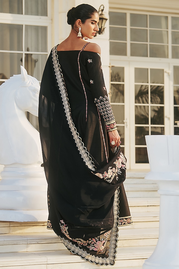 Black Dupion Silk & Cotton Hand Embroidered Wedding Anarkali Set by RINESSA at Pernia's Pop Up Shop