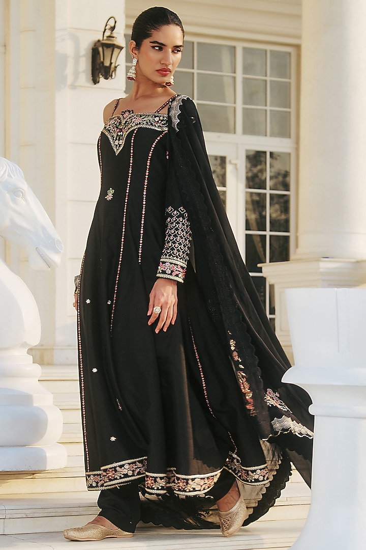Black Dupion Silk & Cotton Hand Embroidered Wedding Anarkali Set by RINESSA at Pernia's Pop Up Shop