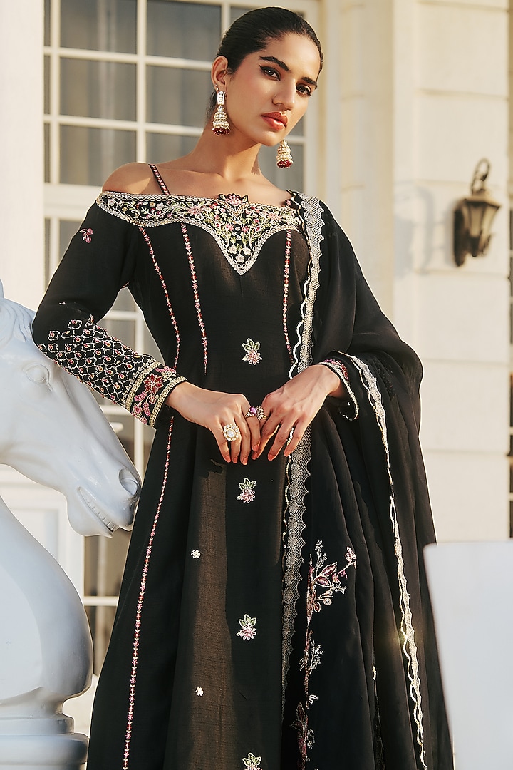 Black Dupion Silk & Cotton Hand Embroidered Wedding Anarkali Set by RINESSA at Pernia's Pop Up Shop