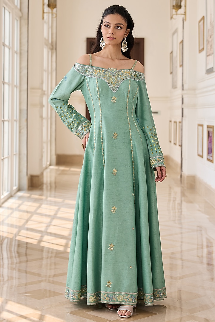 Minty Green Dupion Silk & Cotton Hand Embroidered Wedding Anarkali Set by RINESSA at Pernia's Pop Up Shop