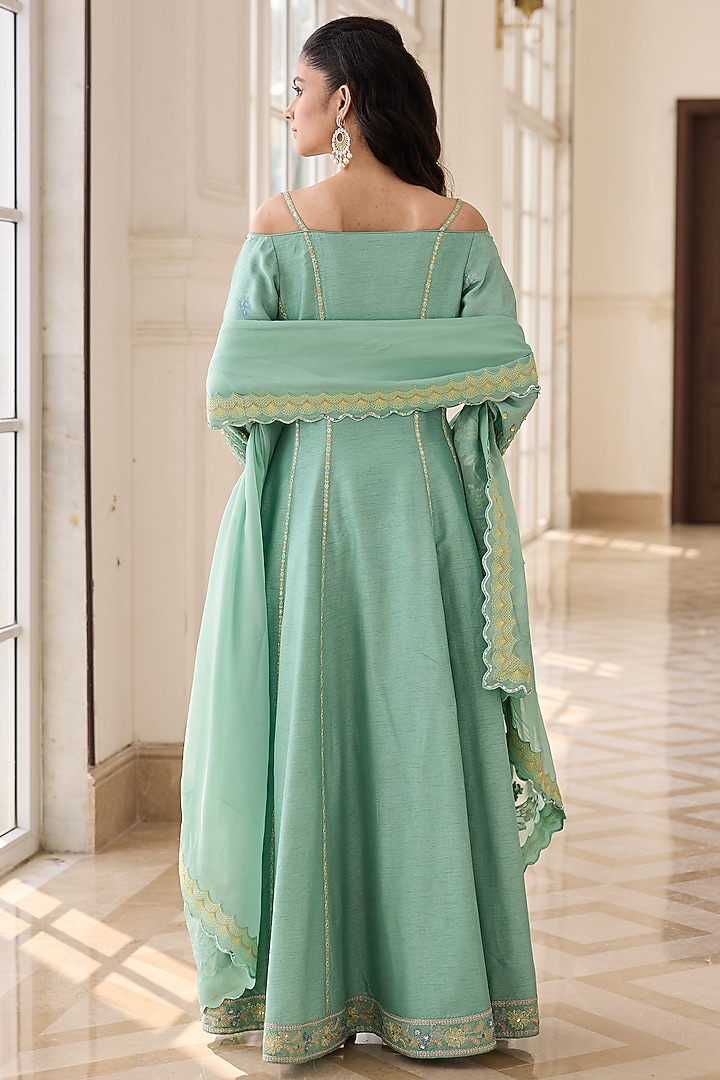 Minty Green Dupion Silk & Cotton Hand Embroidered Wedding Anarkali Set by RINESSA at Pernia's Pop Up Shop