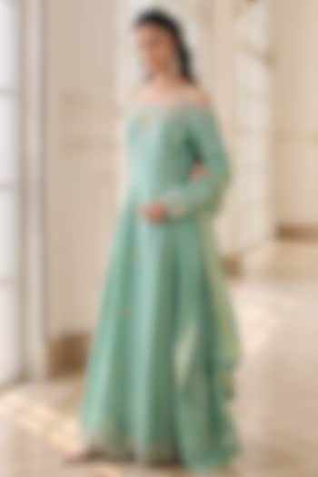 Minty Green Dupion Silk & Cotton Hand Embroidered Wedding Anarkali Set by RINESSA at Pernia's Pop Up Shop