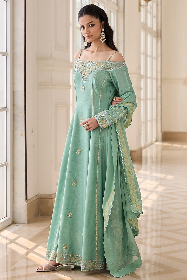 Minty Green Dupion Silk & Cotton Hand Embroidered Wedding Anarkali Set by RINESSA at Pernia's Pop Up Shop