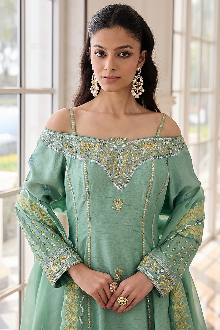 Minty Green Dupion Silk & Cotton Hand Embroidered Wedding Anarkali Set by RINESSA at Pernia's Pop Up Shop