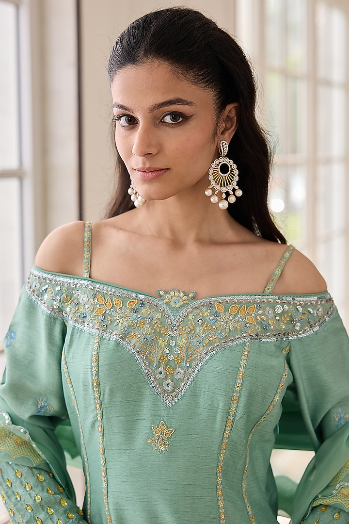 Minty Green Dupion Silk & Cotton Hand Embroidered Wedding Anarkali Set by RINESSA at Pernia's Pop Up Shop