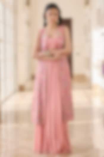 Peach Organza & Chanderi Hand Embroidered Jacket Set by RINESSA at Pernia's Pop Up Shop