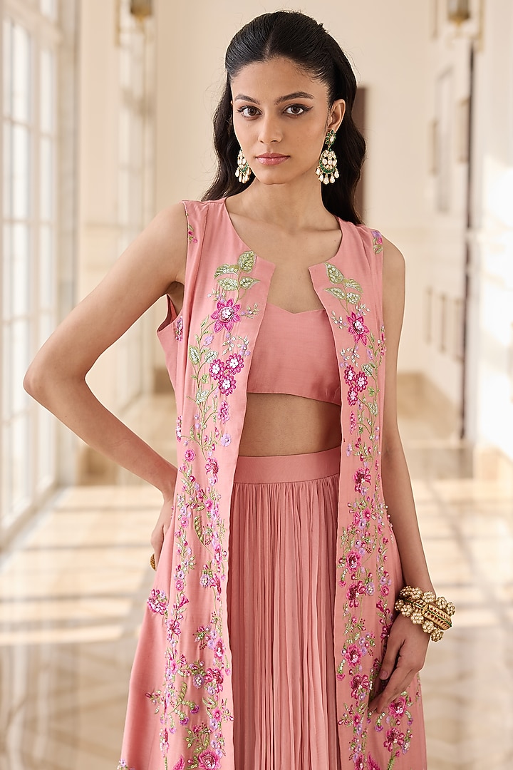 Peach Organza & Chanderi Hand Embroidered Jacket Set by RINESSA at Pernia's Pop Up Shop