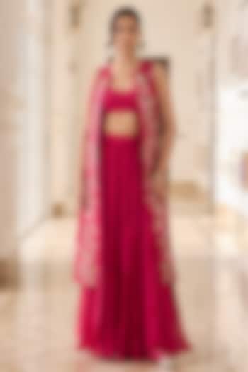 Fuchsia Pink Organza & Chanderi Hand Embroidered Jacket Set by RINESSA at Pernia's Pop Up Shop