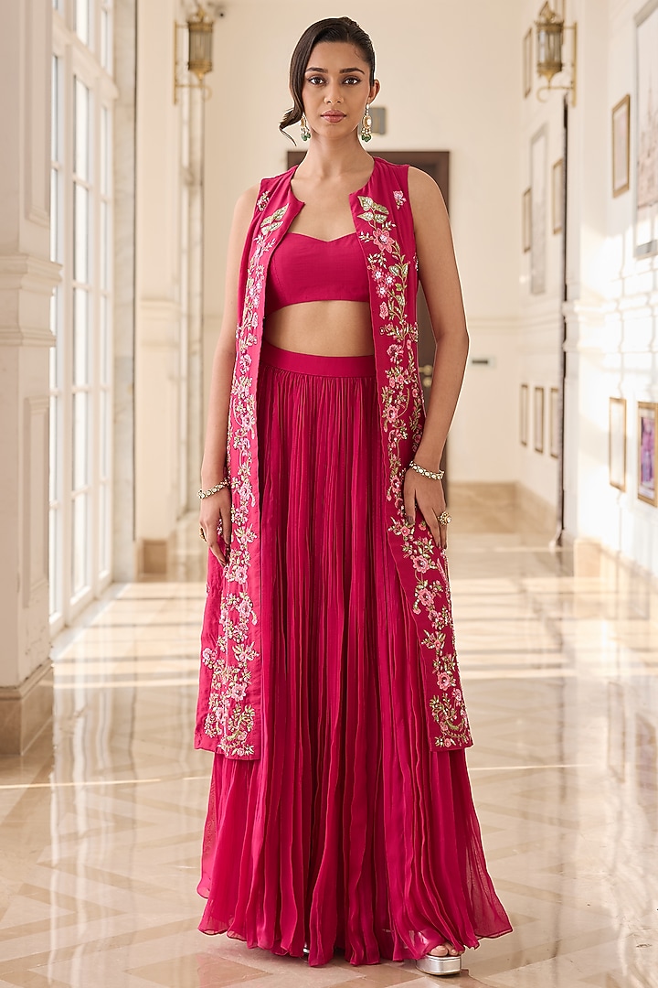 Fuchsia Pink Organza & Chanderi Hand Embroidered Jacket Set by RINESSA at Pernia's Pop Up Shop