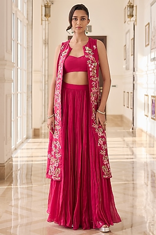 Fuchsia Pink Organza & Chanderi Hand Embroidered Jacket Set by RINESSA