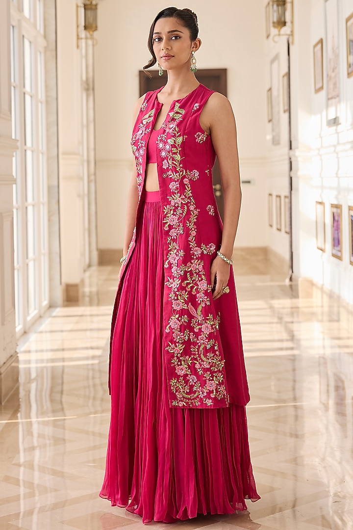 Fuchsia Pink Organza & Chanderi Hand Embroidered Jacket Set by RINESSA at Pernia's Pop Up Shop