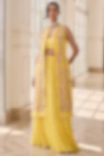 Yellow Organza & Chanderi Hand Embroidered Jacket Set by RINESSA at Pernia's Pop Up Shop