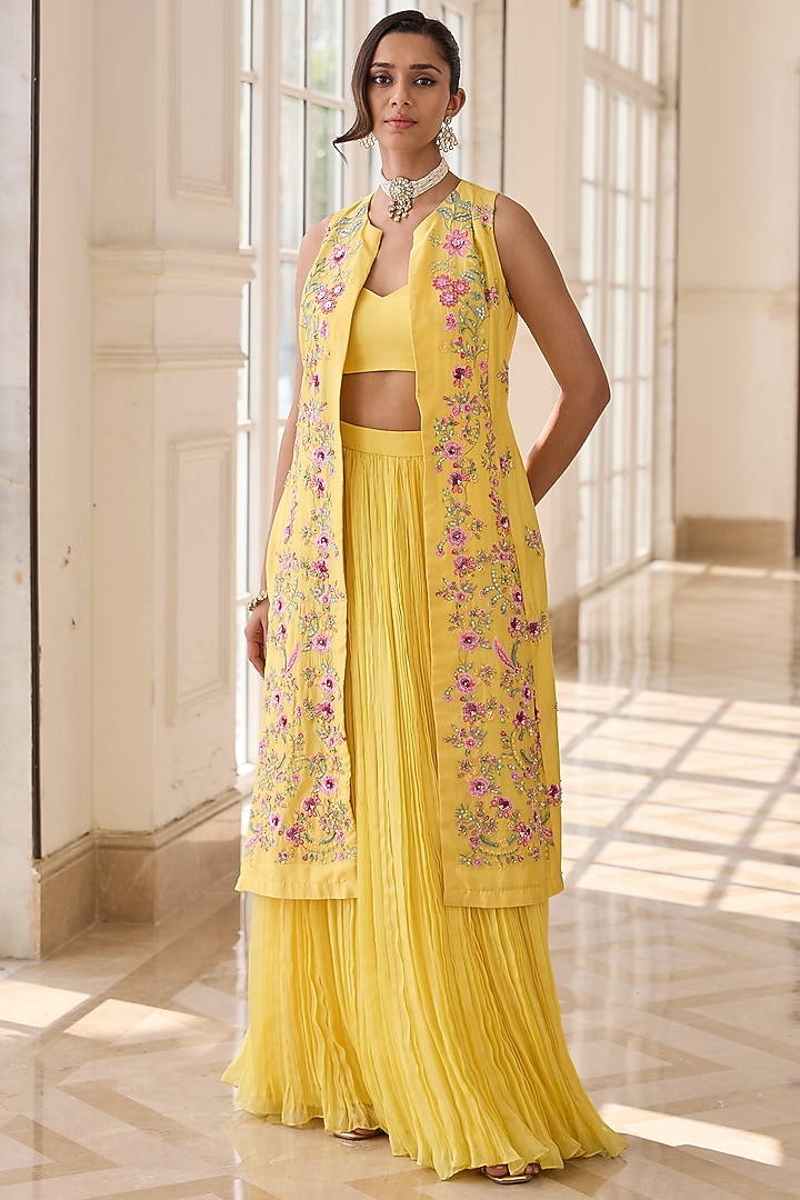 Yellow Organza & Chanderi Hand Embroidered Jacket Set by RINESSA at Pernia's Pop Up Shop