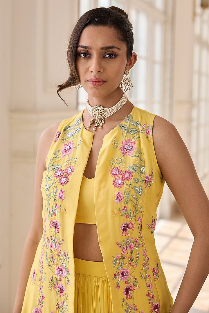 Yellow Organza & Chanderi Hand Embroidered Jacket Set by RINESSA at Pernia's Pop Up Shop