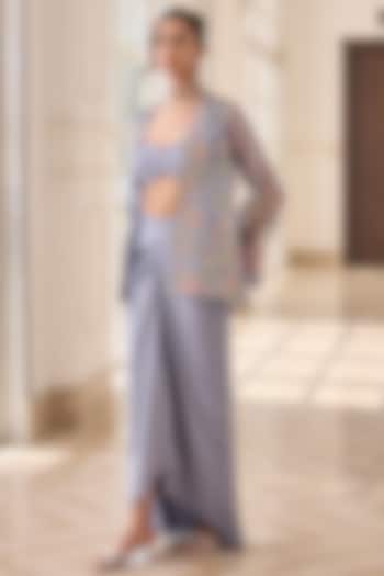 Powder Blue Pure Organza & Crepe Hand Embroidered Jacket Set by RINESSA at Pernia's Pop Up Shop