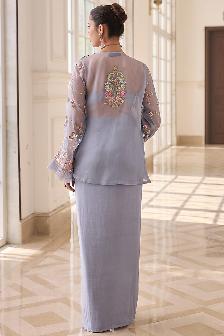 Powder Blue Pure Organza & Crepe Hand Embroidered Jacket Set by RINESSA at Pernia's Pop Up Shop